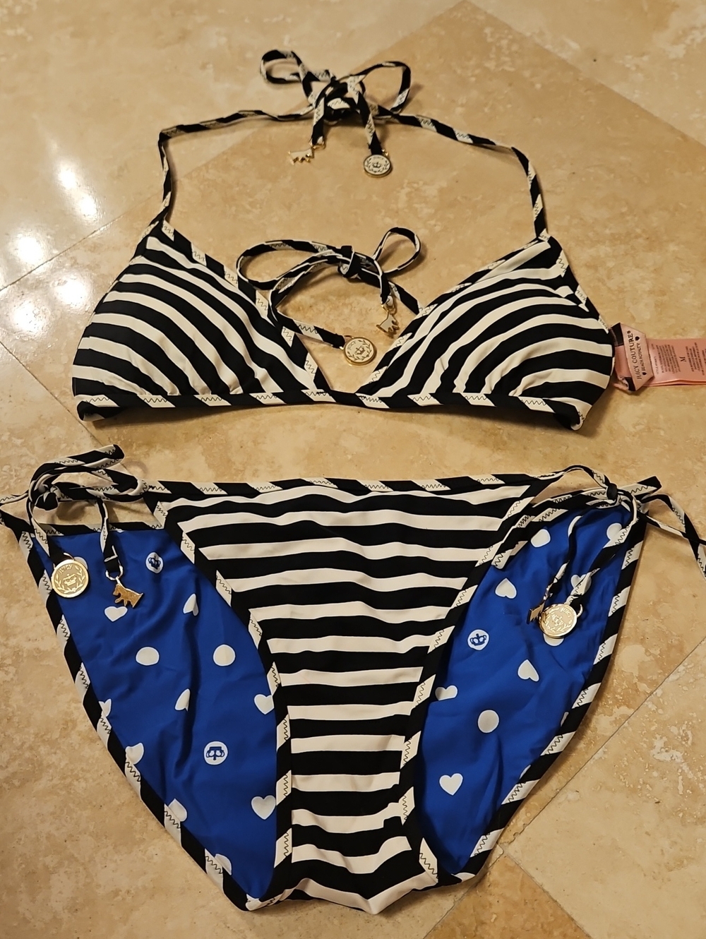 REVERSIBLE Juicy Couture Black&White Striped Bikini with Blue Polka Heart Panels